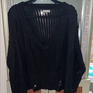 DL1961 FREEMAN ALLEY V-NECK DISTRESSED KNIT PULLOVER SWEATER BLACK size Large